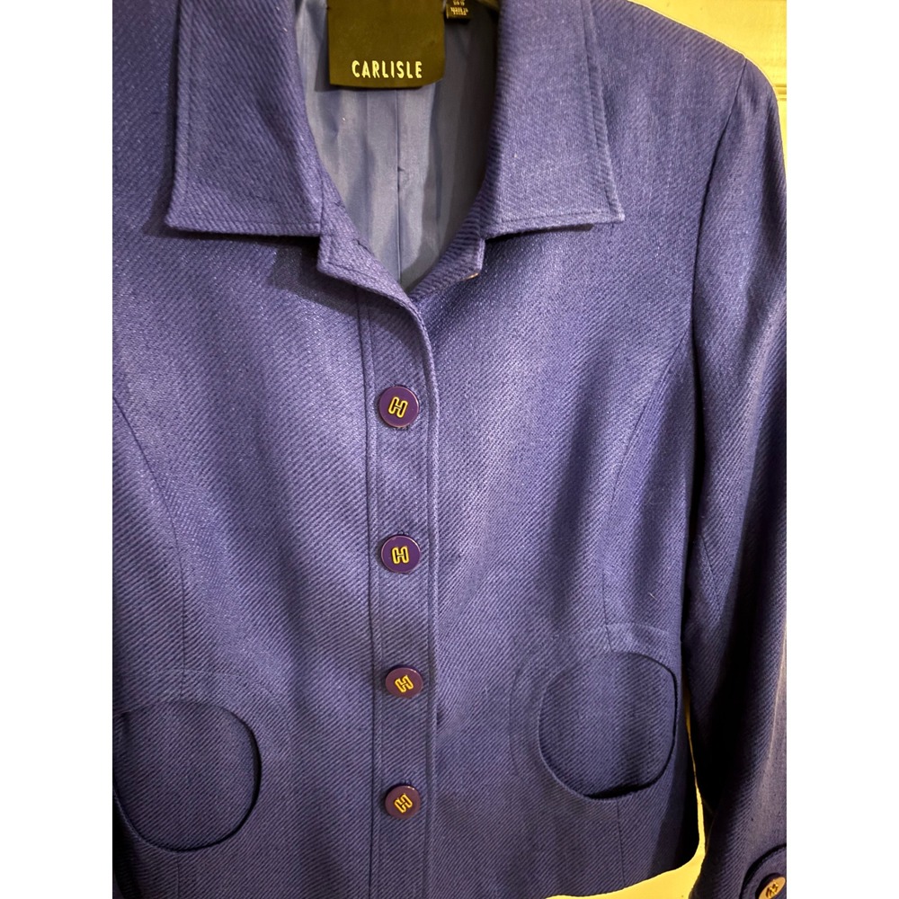 CARLISLE Womens Blue Silk Blazer Jacket Size 10‎ Gold Chain Detail